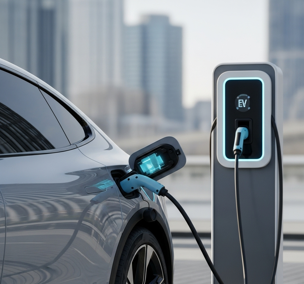 Close-up of an electric vehicle connected to a sleek EV charging station in an urban setting.