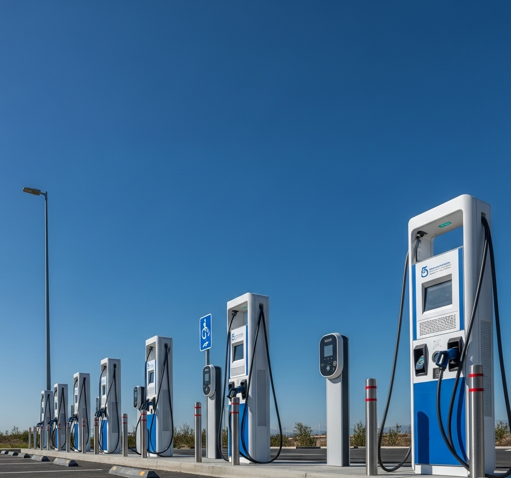 Row of public EV charging stations under clear blue sky, ready to charge electric vehicles.