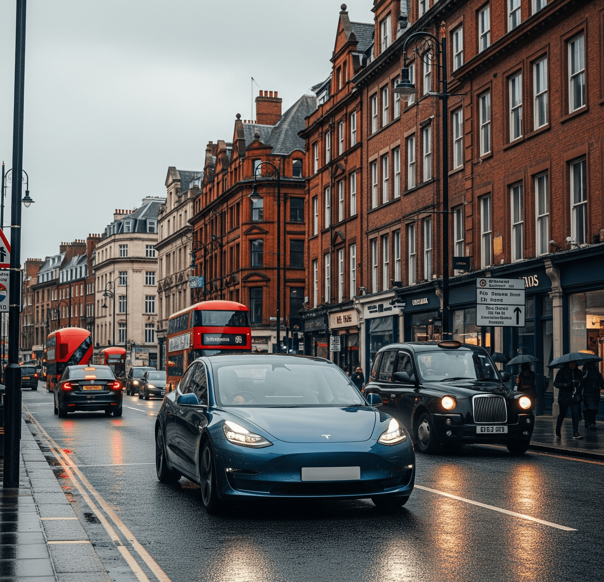 Electric vehicle driving through a busy UK city street alongside red buses and black cabs, highlighting the rise of EVs in urban transport.