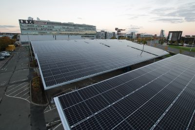 Solar carports shading BBC's car park powering their building