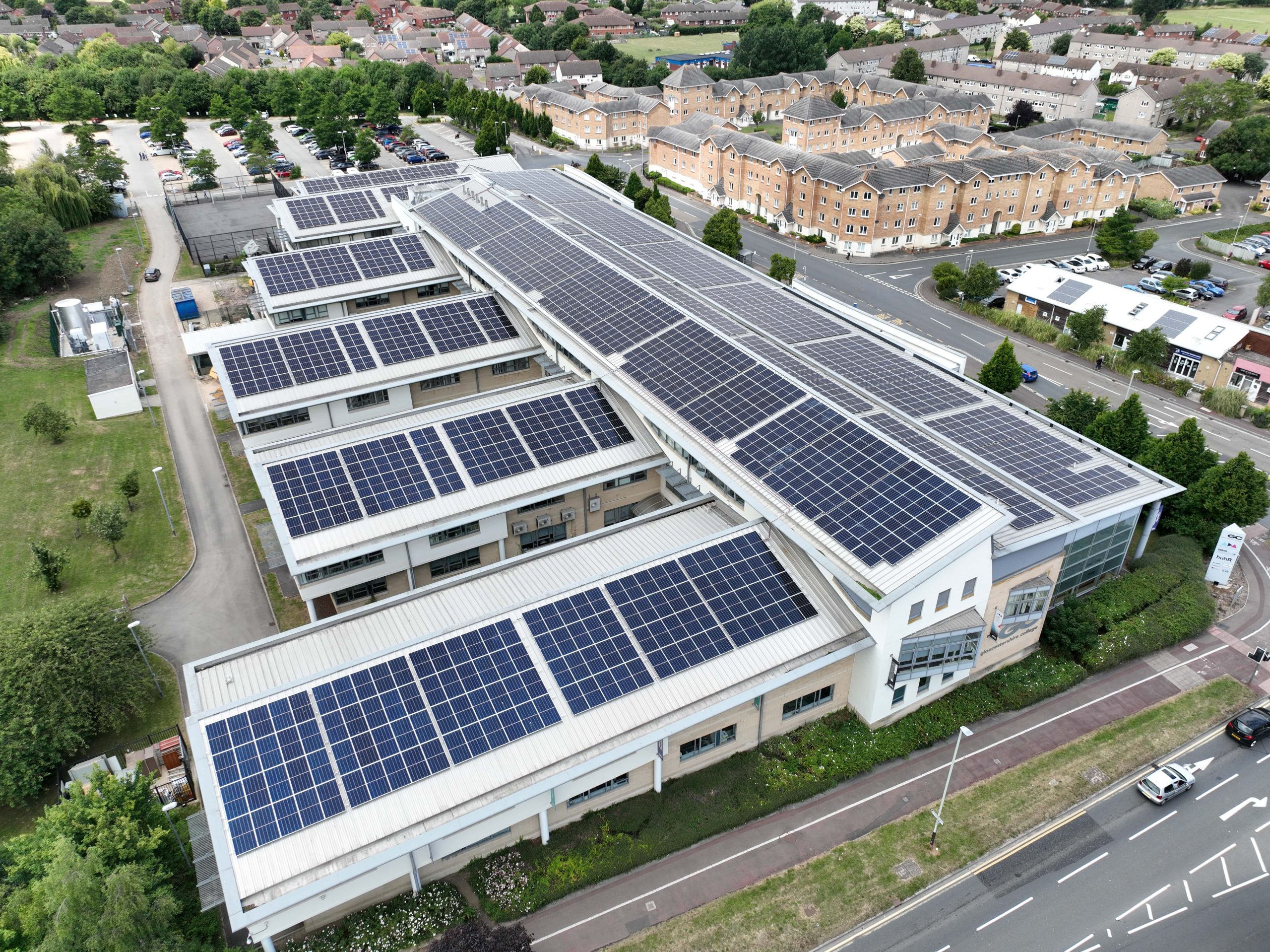 Solar panels installed on a college rooftop