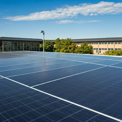 Large educational facility featuring a solar panels installed on its roof, promoting renewable energy awareness.