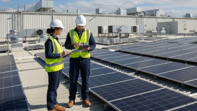 Engineers inspecting solar installation on a pharmaceutical manufacturing facility