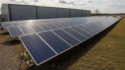 Ground-mounted solar panels installed next to a pharmaceutical facility