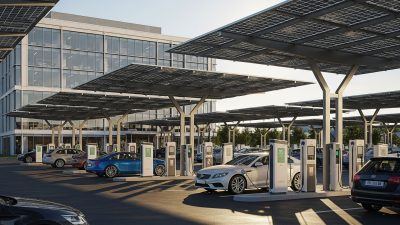 Solar-powered EV charging stations at a pharmaceutical company car park