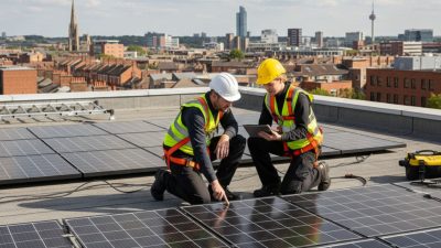 Engineers inspecting solar panel installation on hotel rooftop