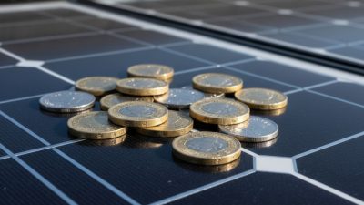 Pound coins stacked on solar panel surface, symbolising energy cost savings for hotels